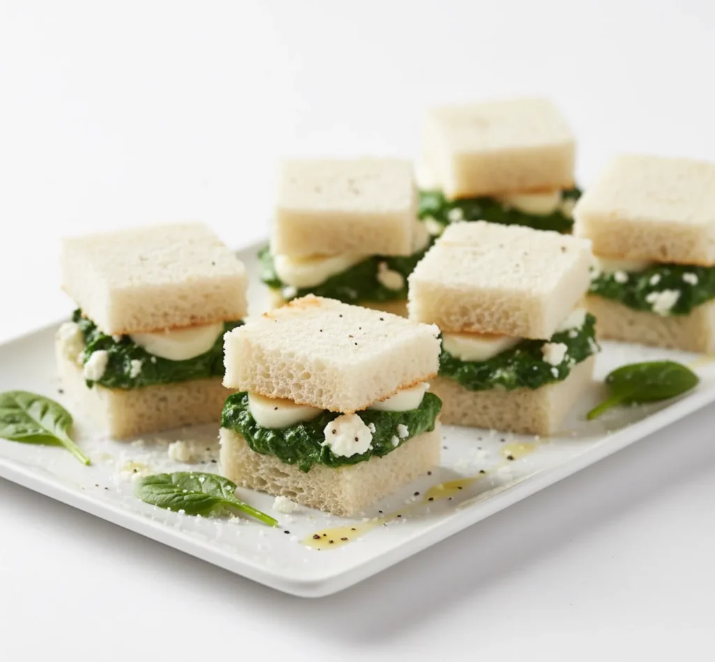 A delicate tea sandwich filled with a rich blend of sautéed spinach and cream cheese.