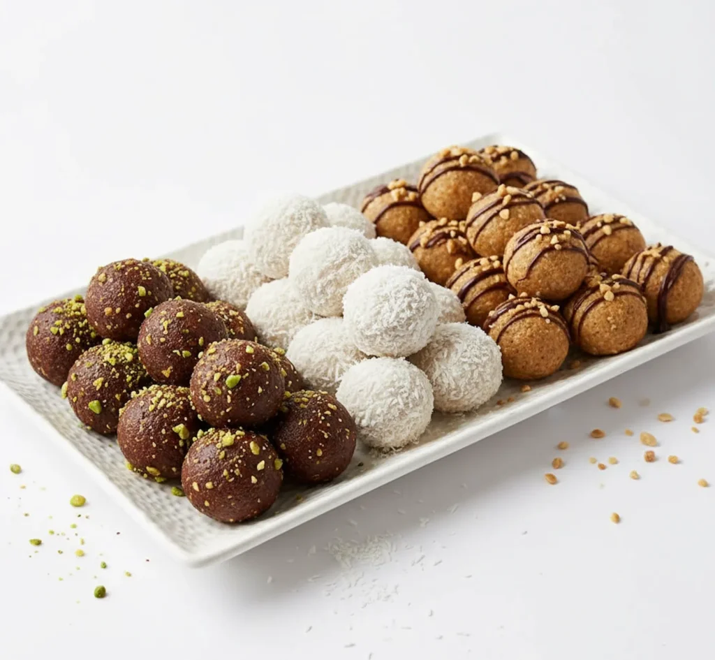 Selection of Energy Balls (Pistachio Date Balls, Coconut Bites, Peanut Butter Balls)