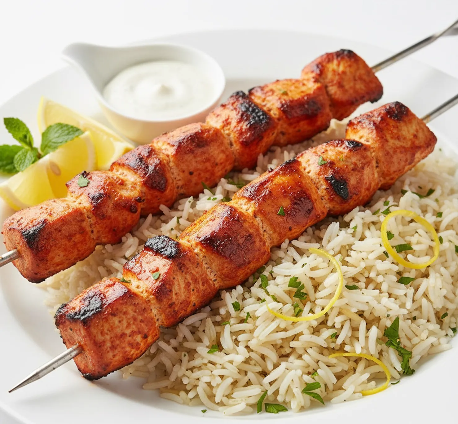 Chicken Taouk Skewers with Rice