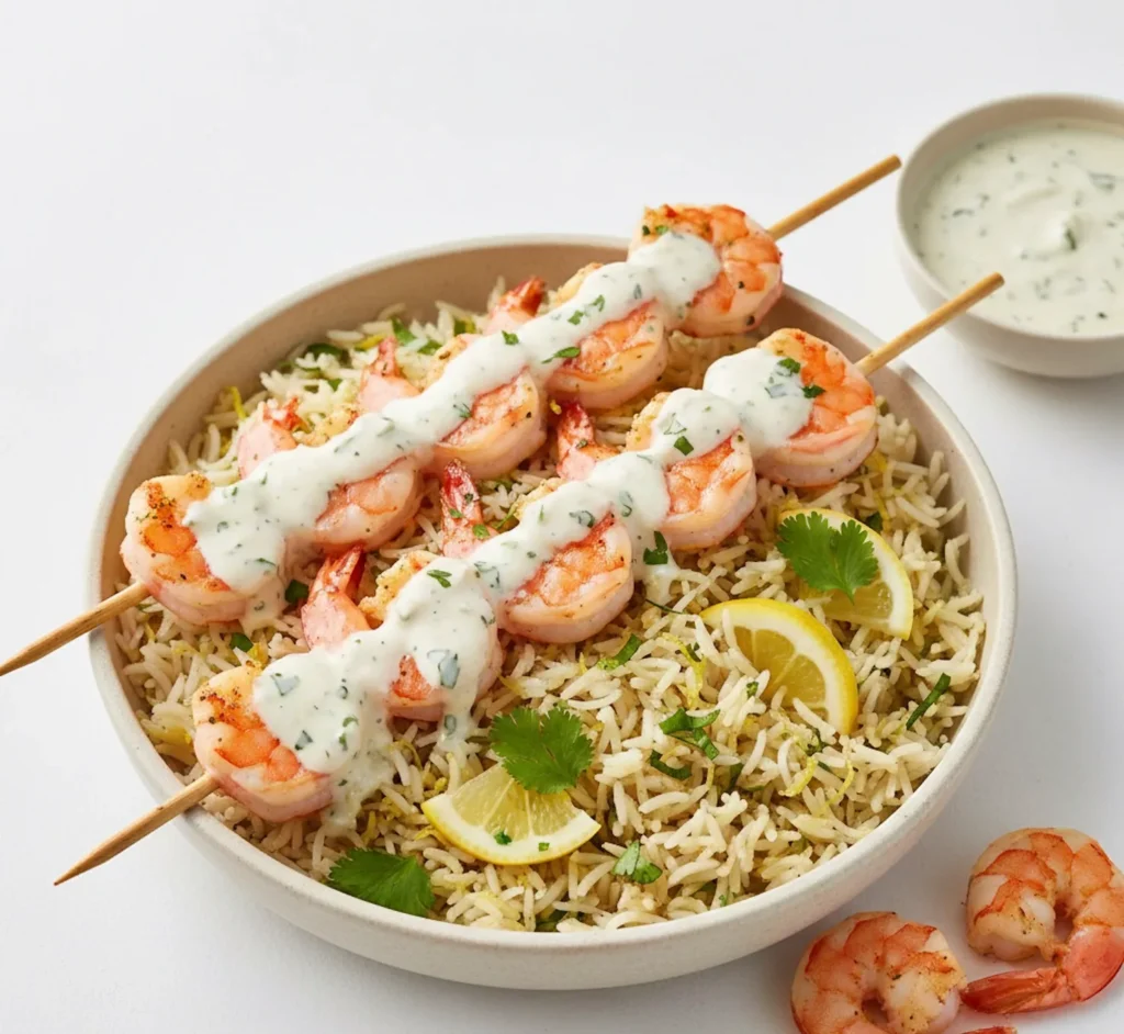 Creamy Shrimps Skewers with Lemon Corriander Rice